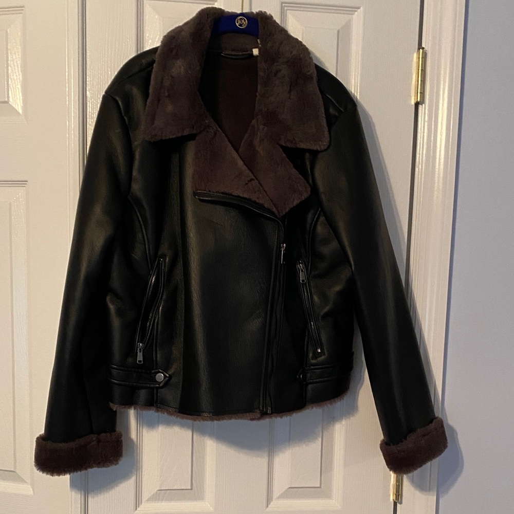 a.n.a Dark Brown Faux Leather Jacket with Brown Fur Trim nwot